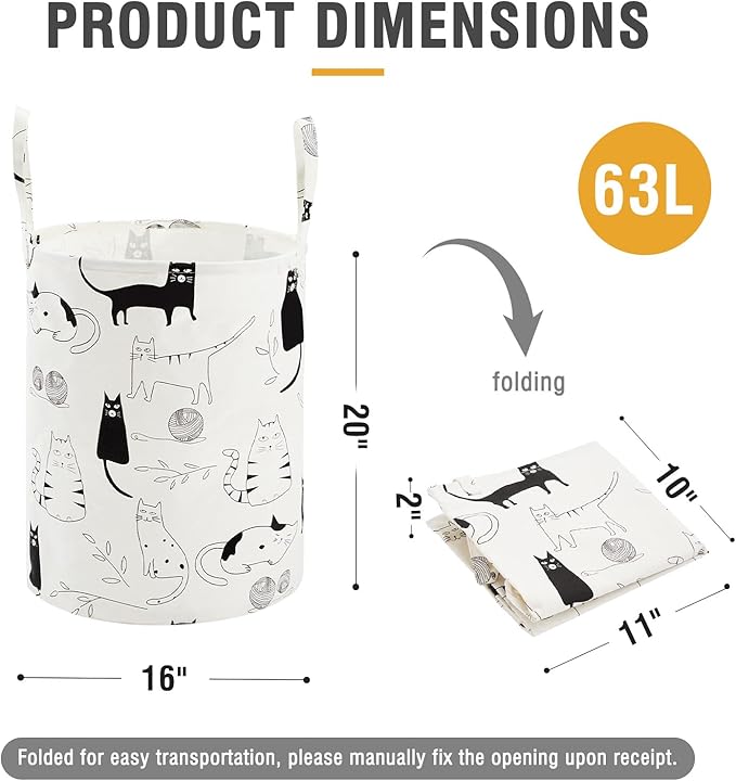 Baby Laundry Basket with Long Handles, 63L Collapsible Kids Laundry Hamper, Toy Storage Basket for Nursery, Bedroom Decor for Girls and Boys (Cartoon Cat)