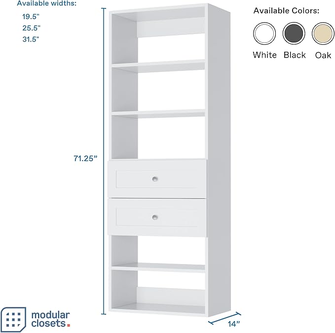 MC Modular Closets Closet Shelves Tower - Modular Closet System With Drawers (2) - Corner Closet System - Closet Organizers And Storage Shelves (White, 19.5 Inches Wide)