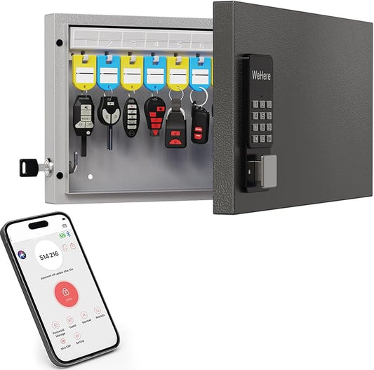 24 Key Lock Box Wall Mount, Smart Key Cabinet, use One Time Password,Fixed Code, Bluetooth, Wi-Fi Remote, Key Unlock, Security Lockbox Organizer for Valets, Hotel, Car, Office Key Management & Storage