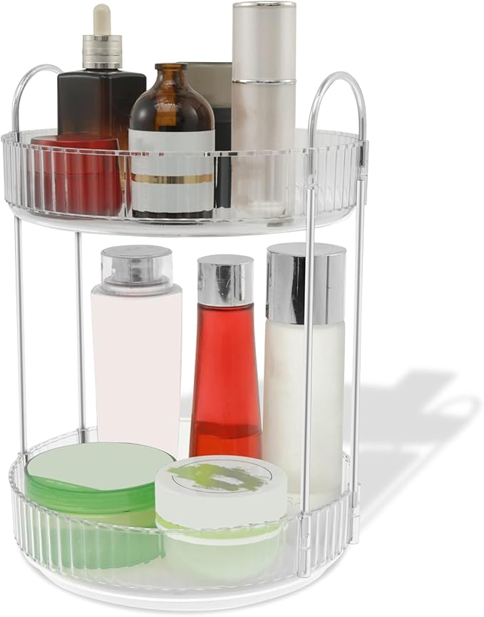 360° Rotating Bathroom Countertop Organizer, 2-Tier Makeup Organizer, Multi-Function Skincare Organizer, Large Capacity Rotating Cosmetic Organizer, Rotating Vanity Organizer for Countertop (1)