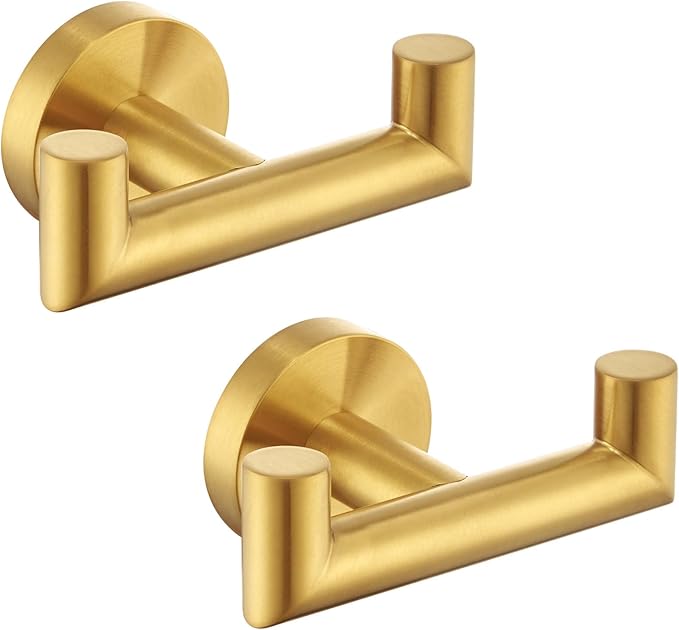 Angle Simple Towel Double Hook Brushed Dark Gold 2 PCS, SUS304 Stainless Steel Bathroom Hand Towel Holder, Double Robe Hook, Wall Mount