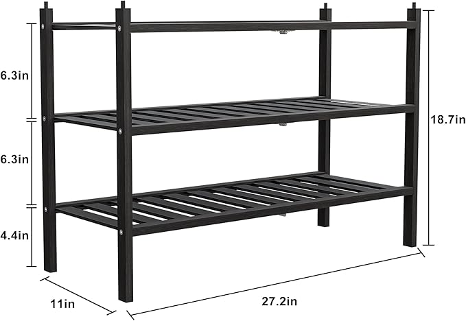 Shoe Rack, 3-Tier Bamboo Stackable Shelf Storage Organizer, Stand for Closet, Entryway, Hallway, Bathroom and Living Room（Black）