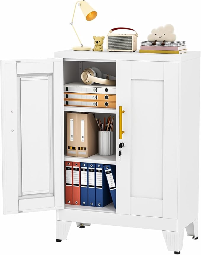 35.43" Lockable Metal Storage Cabinet, Steel Locker File Cabinet with 2 Doors ＆ 2 Adjustable Shelves, Multi-Purpose Organizer for Home, Office File Storage & Garage Locker (White)