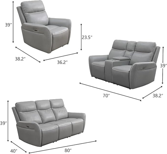 Grey Breathing Leather Power Reclining Sofa Set with USB Port, Living Room Furniture Sets, Recliner Power Sofa Couches with Cup Holders/Storage Console/Drop-Down Table for Apartment/Home/Office
