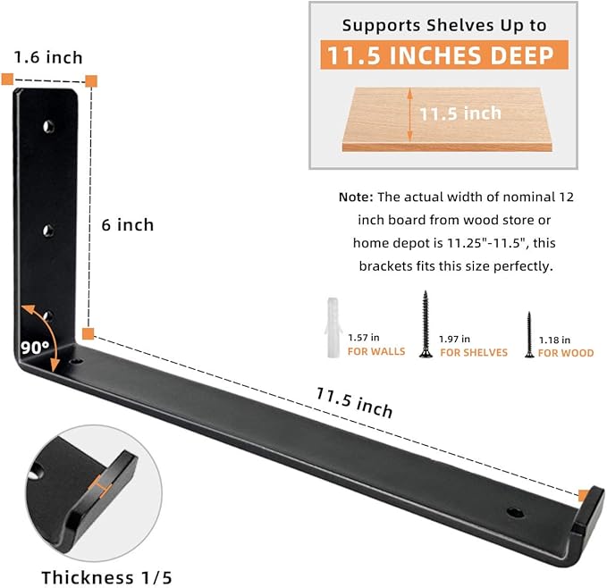 Shelf Brackets 12 Inch, Heavy Duty Black Metal Floating Shelf Bracket, Rustic Farmhouse Decorative Iron L Bracket with Lip/Hook, J Brackets Wall Angel Corner Brace for Wood Shelves - 6 Pack