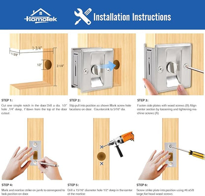 HOMOTEK 4 Pack Privacy Pocket Door Lock Hardware with Pull Pocket & Bi-Fold Door Hardware- Replace Old Or Damaged Sliding Door Locks, 2-3/4”x2-1/2”, for 1-3/8” Thickness Door, Brushed Nickel