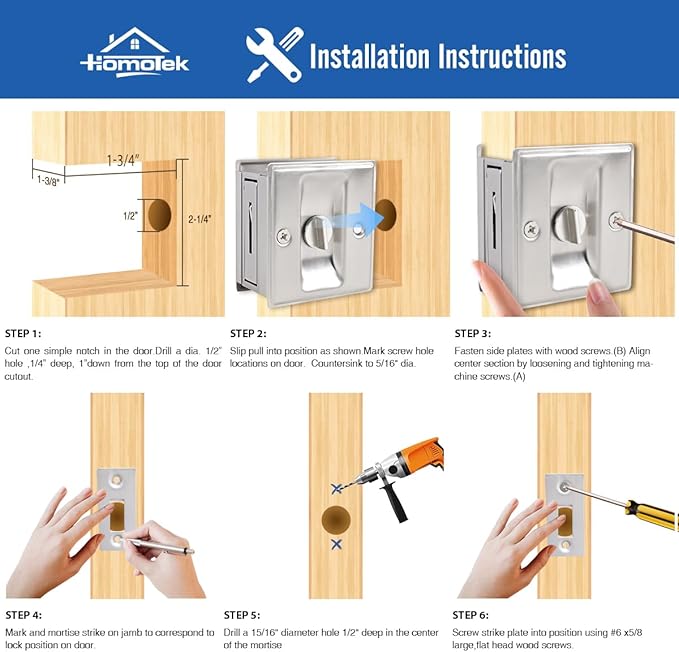 HOMOTEK 2 Pack Privacy Pocket Door Lock Hardware with Pull - Replace Old Or Damaged Sliding Door Locks Quickly and Easily, 2-3/4”x2-1/2”, for 1-3/8” Thickness Door, Brushed Nickel