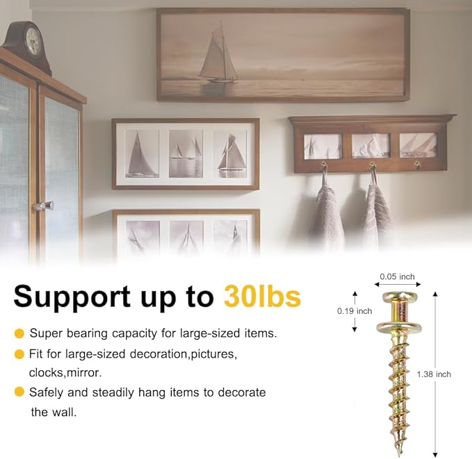 Picture Hangers, 4-in-1 Double Headed Picture Hooks, Picture Hanging Nails for D-Rings, Sawtooth, Wire and Keyholes - Mounts in Drywall and Wood Studs.(30lbs-30 Pack)
