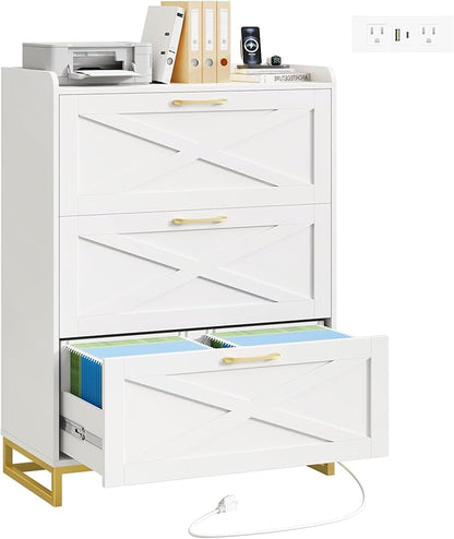 File Cabinet 3 Drawers Lateral File Cabinet with Charging Station for Letter/Legal/A4 Size Hanging Files, Large Wood File Storage Cabinets Printer Stand for Home Office, White and Gold