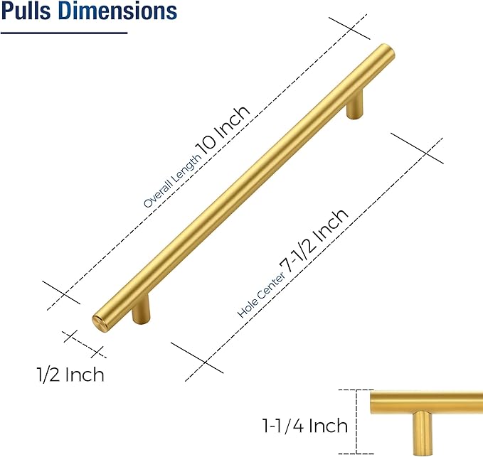 JOY DECOR 60 Pack Cabinet Handles, Gold Cabinet Pulls, 7-1/2 in Hole Center Kitchen Cabinet Handles, Stainless Steel T Bar Handles for Dresser Drawers