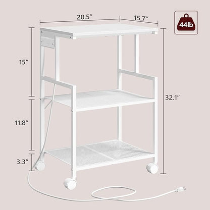 Mobile Printer Stand, 3-Tier Industrial Printer Cart with 2 AC Outlets and 2 USB Ports, Rolling Printer Table on Wheels for Home Offices Kitchen Organization Rack, White PTWT78E01