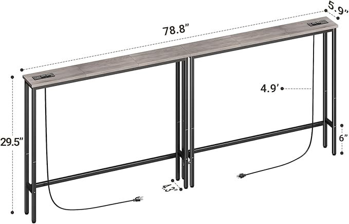 ELYKEN 2 Pack 5.9" Narrow Console Sofa Table with Power Outlets, Total 78.8” Long Behind Couch Table with Charge Station and 5.9’ Extension Cord for Living Room, 5.9" D x 78.8”W x 29.5”H, Gray