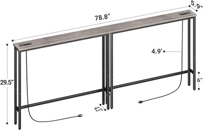 ELYKEN 2 Pack 5.9" Narrow Console Sofa Table with Power Outlets, Total 78.8” Long Behind Couch Table with Charge Station and 5.9’ Extension Cord for Living Room, 5.9" D x 78.8”W x 29.5”H, Gray