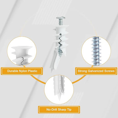 KURUI #8 Self Drilling Drywall Anchors and Screws, Heavy Duty Dry Wall Anchors Holds Upto 75LB, Picture Hanging Kit, No Pre-Drilling, for Mounting Shelves,Frames,Curtains,Clocks - 70Pcs
