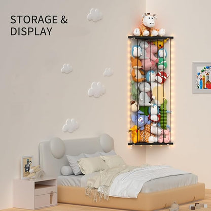 Corner Stuffed Animal Storage Net - Stuffed Animals Holder with Lights - Plush Organizer Hanging Stuffed Animal Hammock with Adjustable Length