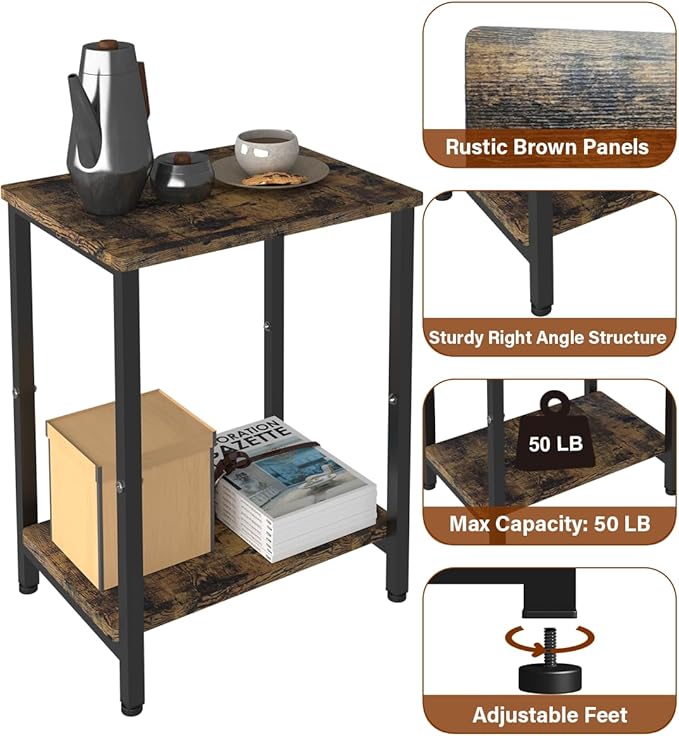 2 Tier Side Table, Heavy Duty End Table with Shelves, Narrow nightstand Table for Small Spaces, Record Player Table for Bedroom, Living Room, Sofa Couch - Rustic Brown & Black
