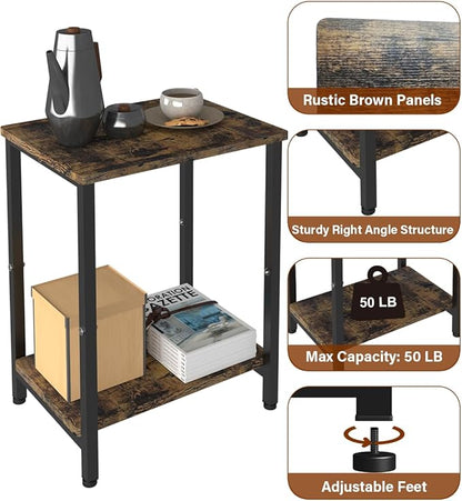 2 Tier Side Table, Heavy Duty End Table with Shelves, Narrow nightstand Table for Small Spaces, Record Player Table for Bedroom, Living Room, Sofa Couch - Rustic Brown & Black