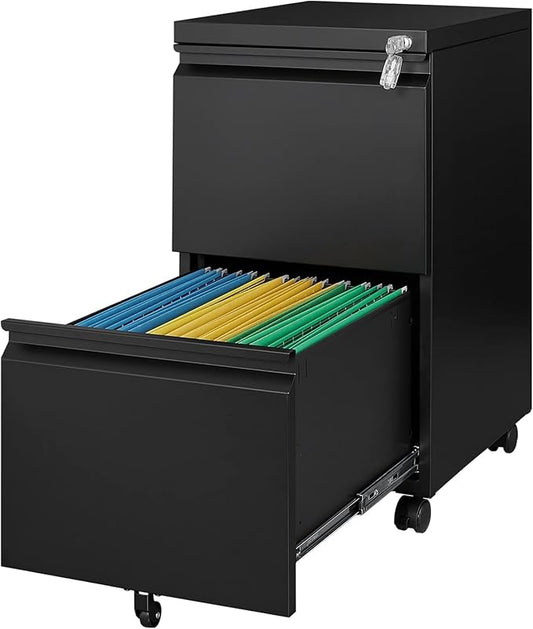 2 Drawer Metal File Cabinet with Lock, Rolling File Cabinets with Lock for A4/Legal/Letter Size, Under Desk Filing Cabinet for Home Office Assembly Required（Black）