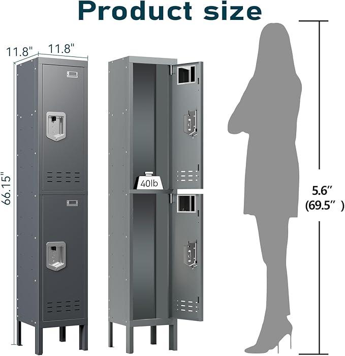Metal Lockers - 66" Height Steel Lockers for Employees with 2 Door Storage Locker with Card Slot for Employees Gym School Home Office Garage - Assembly Required