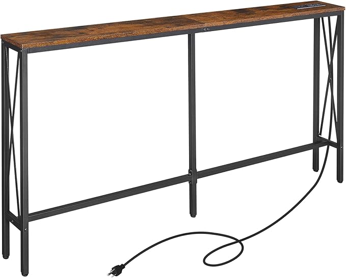 ELYKEN 5.9" Narrow Console Sofa Table with Power Outlets, 5.9" Dx63 Wx31.5 H Long Skinny Behind Couch Table with “X” Cross Metal Frame Charge Station with 6.5’ Extension Cord, Rustic Brown