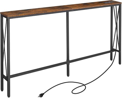 ELYKEN 5.9" Narrow Console Sofa Table with Power Outlets, 5.9" Dx63 Wx31.5 H Long Skinny Behind Couch Table with “X” Cross Metal Frame Charge Station with 6.5’ Extension Cord, Rustic Brown