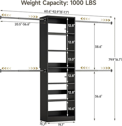 W1 Closet System, 3.5FT-7.7FT Closet Organizer System with 4 Chrome-Plated Telescopic Rods & 6 Adjustable Shelves, Custom Wood Walk-In Closet Wall-Mounted Clothing Rack, Black