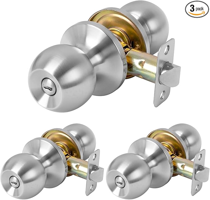 Privacy Door Knob Keyless Door Knobs Interior with Lock Bathroom Door Knob with Lock Satin Nickel Doorknob, 3 Pack