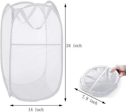 Pop up Laundry Hamper, Portable Foldable Mesh Clothes Hamper for Kids Room, College Dorm or Travel, Collapsible Laundry Basket for Storage, White