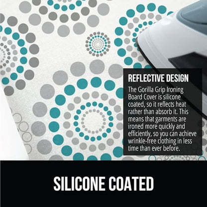 GORILLA GRIP The Original Ironing Board Cover and Pad, Silicone Coating, Thick Scorch Resistant Padding, Heavy Duty Iron Covers Standard Boards, Hook and Loop Fastener Strap, Spiral Turquoise, 15x54