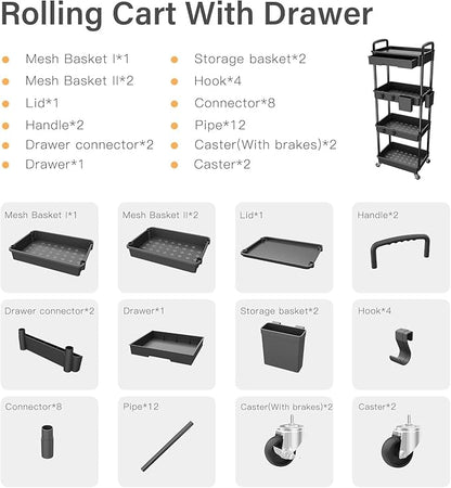 4 Tier Rolling Cart Organizer,Art Craft Diaper Bedside Snack Laundry Room Bathroom Organizer Narrow Thin Slim Rolling Trolley Utility Cart with Wheels for Kitchen,Office(Black)