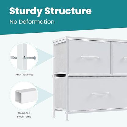 OLIXIS Dresser for Bedroom with 5 Drawers, Wide Chest of Drawers, Fabric Bedroom Dresser with Drawer Organizers, Storage Organizer Unit with Fabric Bins for Closet, Living Room, Hallway, Classic White