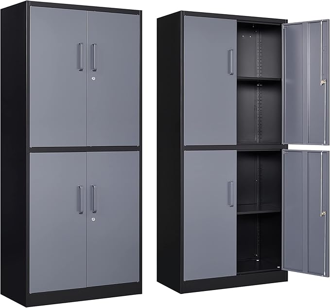 Metal Cabinet, 71' Tall, 4-Door, Locking, Adjustable Shelves, Heavy Duty, Black & Grey, Home Office, Garage Storage Cabinet