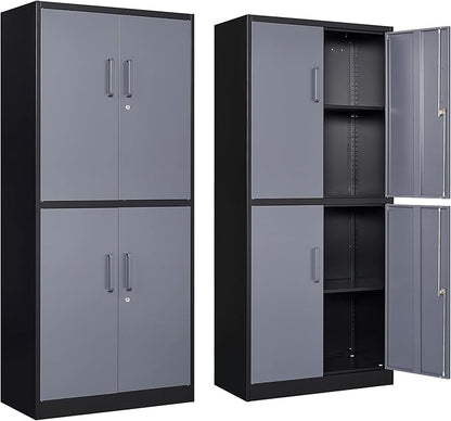 Metal Cabinet, 71' Tall, 4-Door, Locking, Adjustable Shelves, Heavy Duty, Black & Grey, Home Office, Garage Storage Cabinet