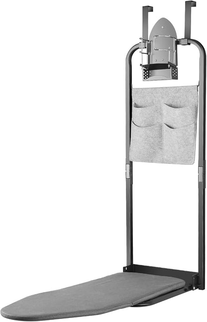 Seiritex Over The Door Ironing Board 13x36 inches with Iron Holder and Pocket Storage Bag, Hanging Iron Board for Home Laundry Room, Black