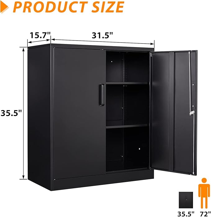 Metal Storage Cabinet, Lockable Steel Storage Cabinet with 2 Doors and Shelves, Metal Cabinet with Lock, Small Locking Cabinet for Home Office (Black)