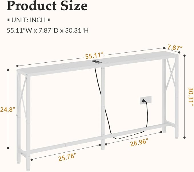 Console Table with Oulets and USB Ports, 55.1" Sofa Table Behind Couch, Industrial Long Skinny Stand for Hallway, Living Room, Bedroom, 6.5 Feet Power Cord, White