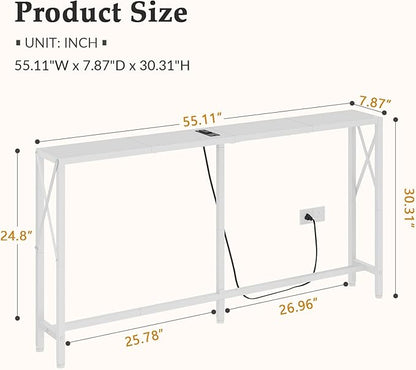 Console Table with Oulets and USB Ports, 55.1" Sofa Table Behind Couch, Industrial Long Skinny Stand for Hallway, Living Room, Bedroom, 6.5 Feet Power Cord, White