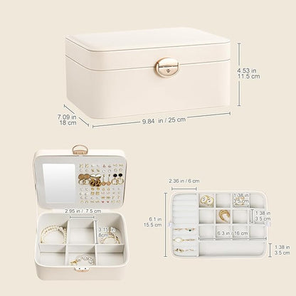 Lolalet 2 Layer Jewelry Box with Lock and Key for Teen Girls & Young Women, Jewelry Organizer Case with Round Clasp and Mirror for Earrings Rings Necklaces Storage, Gift Idea -Cloud White