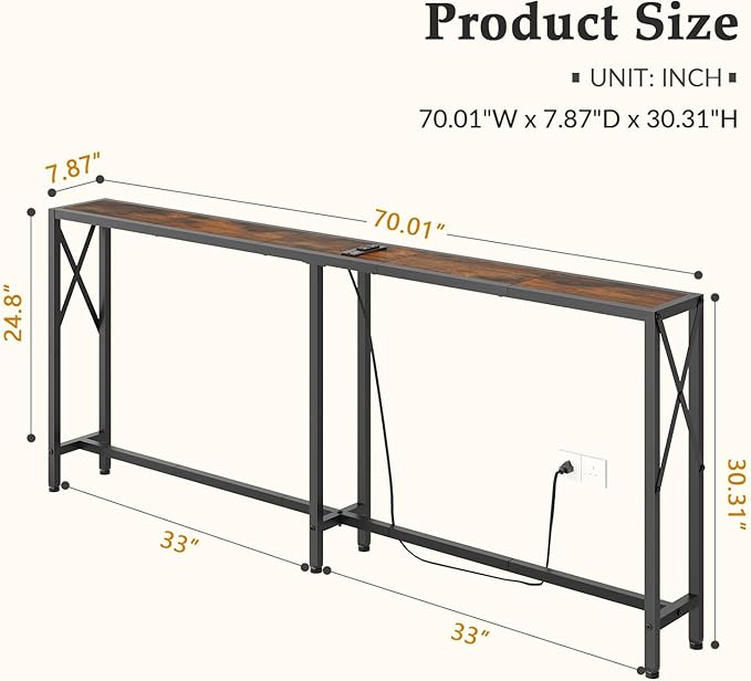 70 in Skinny Sofa Table Behind Couch, Console Table with Oulets & USB Ports for Hallway, Entryway,Living Room, Bedroom, Rustic Brown