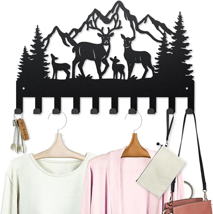 MAYJOYDIY Metal Forest Deer Coat Hook Wall Mount Mountain Tree Deer Family Coat Rack 15.7×9.8inch 10 Hooks Nature Scenery Animal Key Holder for Wall Art Decor Gift Key Hooks for Coats Hats Towels Bags