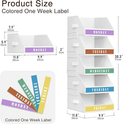 Closet Organizers and Storage - 5 Tier Shelf Organizer with Weekly Labels, Stackable Storage Bins with Metal Frame, Foldable Cube Bins, Home Baskets for Kids and Adults, White