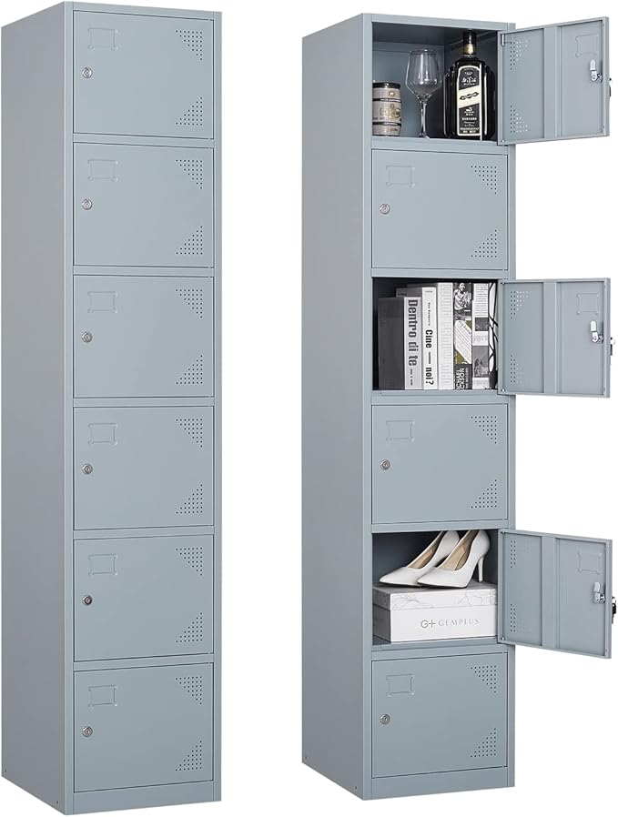 Metal Locker Cabinet with 6 Doors, 71" Storage for Employees, 6 Tier Steel Locker with Lock and Keys for School, Gym, Home, Office Staff (Grey)
