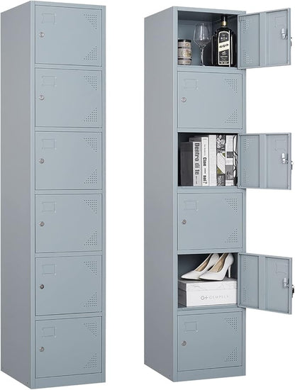 Metal Locker Cabinet with 6 Doors, 71" Storage for Employees, 6 Tier Steel Locker with Lock and Keys for School, Gym, Home, Office Staff (Grey)