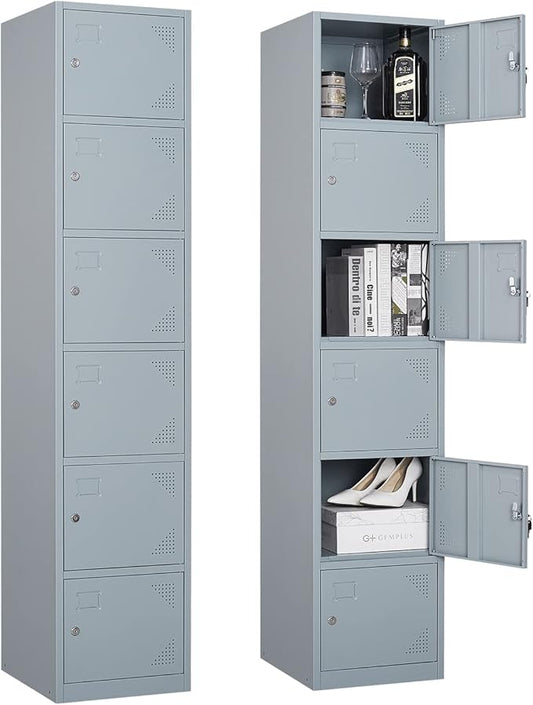 Metal Locker Cabinet with 6 Doors, 71" Storage for Employees, 6 Tier Steel Locker with Lock and Keys for School, Gym, Home, Office Staff (Grey)