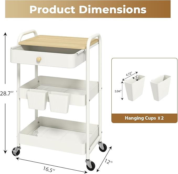 danpinera 3 Tier Rolling Cart with Wooden Table Top, White Rolling Utility Cart with Drawer & Locked Wheels, Easy Assembly for Nursery, Living Room, Studio