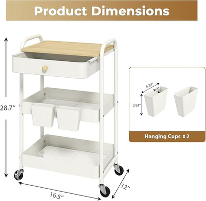 danpinera 3 Tier Rolling Cart with Wooden Table Top, White Rolling Utility Cart with Drawer & Locked Wheels, Easy Assembly for Nursery, Living Room, Studio