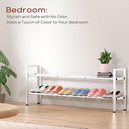 Bumusty 2-Tier Long Expandable Shoe Rack for Closet, 18"-44" Adjustable Shoe Rack for Entryway, 10-12 Pairs Large Shoe Organizer Shelf Storage, Sturdy Metal, White