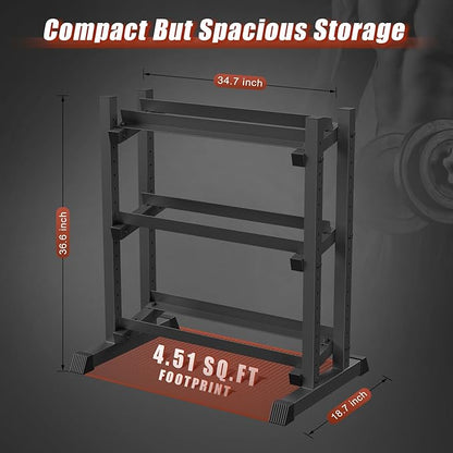 3-Tier Dumbbell Rack, 1100LB Capacity Adjustable Weight Rack for Home Gym, Heavy-Duty Weight Stand for Dumbbells Kettlebells & Weight Plates(Rack Only)