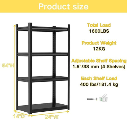 Kitchen Storage Shelves, 54''H*24''W Microwave Stand, Adjustable Metal Shelving, 1600LBS Bakers Rack, Black Kitchen Shelf, 4-Tier Shelving Unit for Bathroom, Pantry, Laundry, Closet, Garage