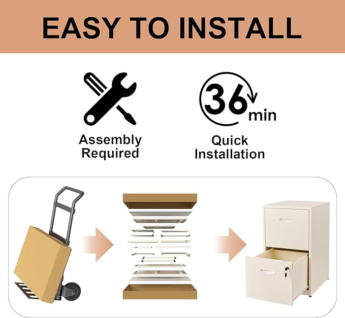 2 Drawer File Cabinet with Lock, Locked Filing Cabinets for Home Office, Small File Cabinets for Under Desk, Metal Files Cabinet for Hanging Letter Size, Cream, Assembly Required